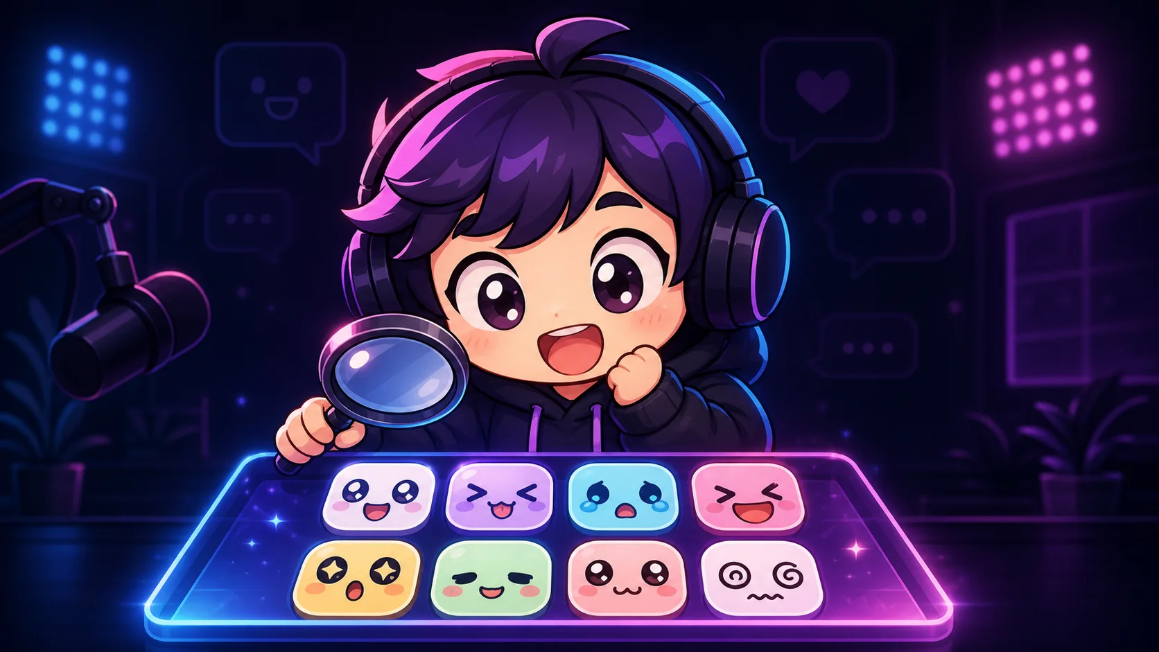 Original chibi streamer emotes arranged as a colorful Twitch reaction pack